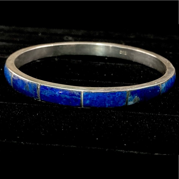 Vintage Native American Sterling Silver & Lapis Inlay Cuff Bracelet - Picture 4 of 10